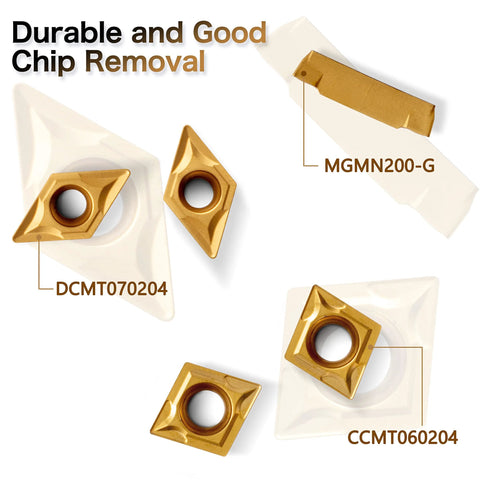 Front view of 21-piece lathe threading tool set with gold carbide inserts and holders