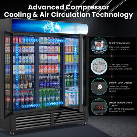 Big Daddy 56 Cu Ft Commercial Beverage Display Fridge With 3 Glass Doors showcasing bottles with bright LED lights and cooling technology.