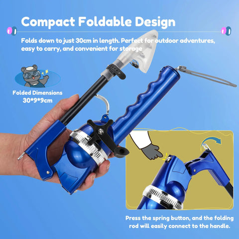 Person holding blue All In One Kid Friendly Fishing Pole Set With Portable Folding Rod And Spincast Reel 80m Monofilament Line
