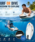 2 In 1 Water Scooter And Surfboard For Pool Lake Ocean With 6000W Propulsion Two Speed Modes Five Meter Dive Depth Super Easy Control Swim Board For Adults Now depicts user surfing above and diving underwater with board specifications shown