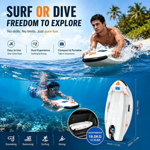 2 In 1 Water Scooter And Surfboard For Pool Lake Ocean With 6000W Propulsion Two Speed Modes Five Meter Dive Depth Super Easy Control Swim Board For Adults Now depicts user surfing above and diving underwater with board specifications shown