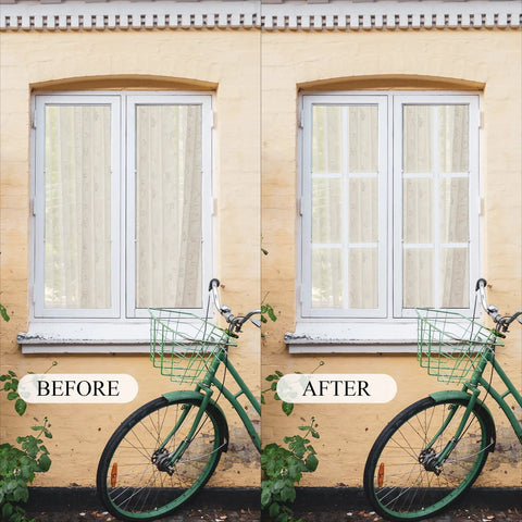 Before and after of window with DIY Window Grille Inserts Grid Kit Self Adhesive Trim 15 Ft Long White Thick Version