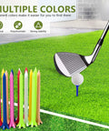 Assorted Color Plastic Golf Tees 100 Count, 2.8 Inch Length, Durable Bulk Tees in various colors next to golf club on turf