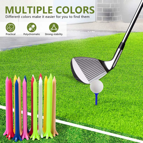 Assorted Color Plastic Golf Tees 100 Count, 2.8 Inch Length, Durable Bulk Tees in various colors next to golf club on turf