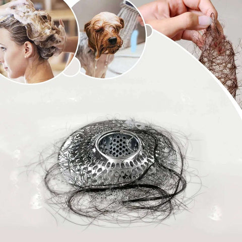 Detachable drain hair catcher and shower strainer in bathtub with trapped hair visible, stainless steel design.