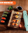 All In One Sushi Making Kit For Beginners With Sushi Roller Bazooka And Bamboo Rolling Mat on wooden table
