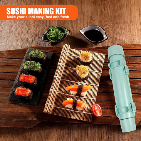 All In One Sushi Making Kit For Beginners With Sushi Roller Bazooka And Bamboo Rolling Mat on wooden table