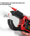 Smart Digital Clamp Meter With D-Shaped Jaws And Color Screen, auto-ranging amp meter showing D-shaped jaws holding test lead