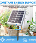 Solar panel for Smart Auto Drip Irrigation System For 15 Potted Plants with USB and solar charging in a garden setting.