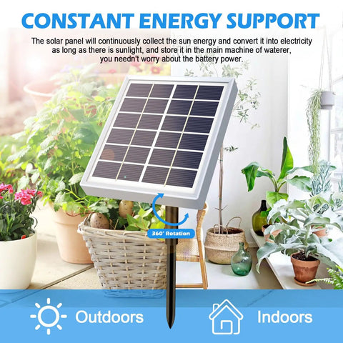 Solar panel for Smart Auto Drip Irrigation System For 15 Potted Plants with USB and solar charging in a garden setting.