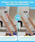 8 Count Fire Sprinkler Head Protectors Rugged Steel Cage Covers for Ceiling Flush Mount preventing accidental triggering, shown in before and after scenarios.