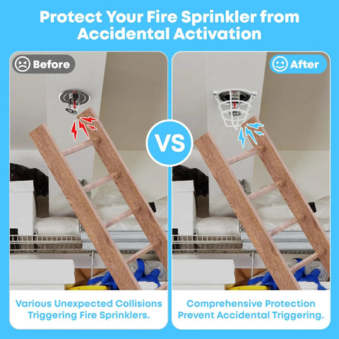 8 Count Fire Sprinkler Head Protectors Rugged Steel Cage Covers for Ceiling Flush Mount preventing accidental triggering, shown in before and after scenarios.