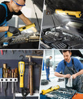 Collage of Workhorse Handheld LED Work Light With 15 Ft Cord 1200 Lumen Brightness in use and stored in garage