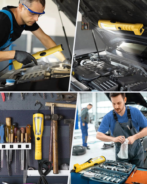Collage of Workhorse Handheld LED Work Light With 15 Ft Cord 1200 Lumen Brightness in use and stored in garage