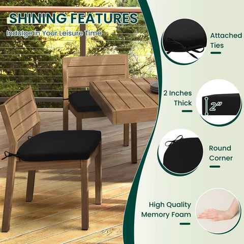 Outdoor Chair Cushions Set Of 4 Black 17x16x2 Inches Water Resistant With Ties for Patio Furniture, installed on wooden chairs