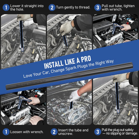 Magnetic Spark Plug Socket Set With Installation Tube And Ten Inch Extension Bar Three Eighths Inch Click Torque Wrench in use