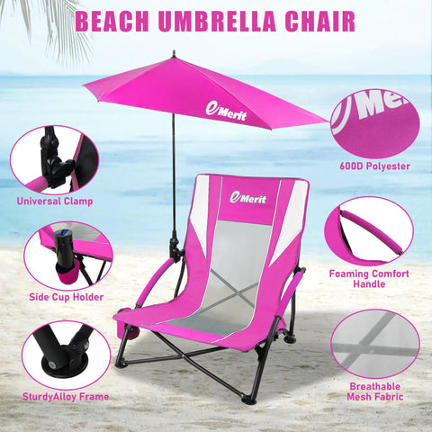 Low Beach Chair With Removable UPF 50 Plus Umbrella Lightweight Folding Backpack Style Camp Chair With Cup Holder For Sand Beach Picnic Or Lawn Easy Carry Kickback Comfort For All Day shown on sandy beach with pink fabric and umbrella