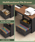 Hella Spacious Corner L Shaped Electric Standing Desk 66 Inch Height Adjustable Computer Workstation With Drawers Storage Shelves USB Power Port And Dang Easy Setup For Home Office Black Brown Finish with file drawer showing organization.