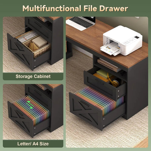 Hella Spacious Corner L Shaped Electric Standing Desk 66 Inch Height Adjustable Computer Workstation With Drawers Storage Shelves USB Power Port And Dang Easy Setup For Home Office Black Brown Finish with file drawer showing organization.