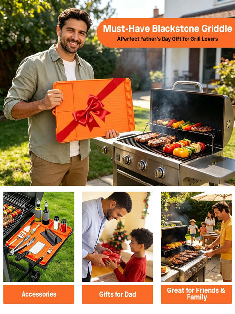 Man holding an orange rollable silicone grill mat for griddle tools and BBQ accessories at outdoor BBQ event