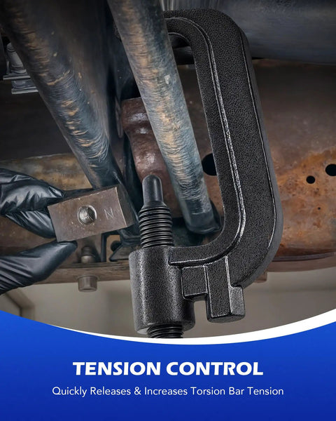 Heavy Duty Torsion Bar Removal Tool With Quick Change Torsion Keys For Fast Suspension Upgrades showing tension control feature in use.