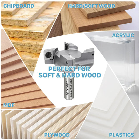 Heavy Duty Half Inch Shank Two And A Half Inch Cutting Diameter CNC Spoilboard Surfacing Router Bit with wood, acrylic, and plastic
