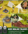 Outdoor Adventure Kit For Kids With Real Walkie Talkies, camping scene with kids using walkie-talkies, map, and campfire.