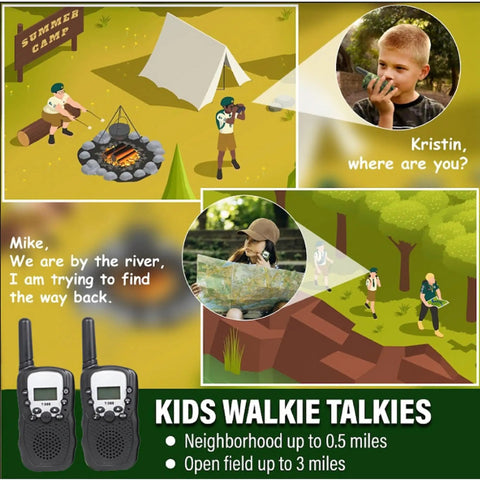 Outdoor Adventure Kit For Kids With Real Walkie Talkies, camping scene with kids using walkie-talkies, map, and campfire.