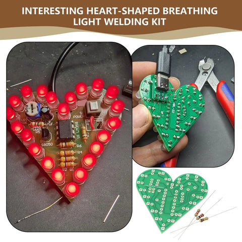 Assembled Two Piece Heart Shaped LED Soldering Practice Kit With Flashing Lights For DIY Electronics Projects in red with tools