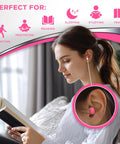 Woman using Sleep Pretty In Pink Ear Plugs For Sleeping - Petite Sized Foam Noise Reduction Plugs With 32 NRR, reading a book.