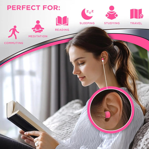 Woman using Sleep Pretty In Pink Ear Plugs For Sleeping - Petite Sized Foam Noise Reduction Plugs With 32 NRR, reading a book.