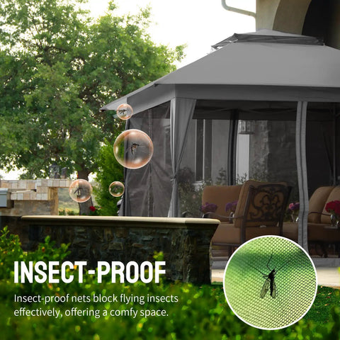 13x13 Pop Up Gazebo Canopy Tent For Backyard And Patio With Easy One Push Centerlok Setup, showing insect-proof nets in garden.