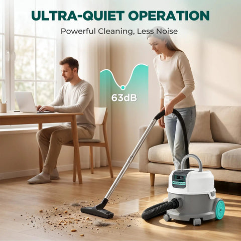 No Sweat 24V Cordless Wet Dry Shop Vacuum With Smart Battery Indicator in use for dust cleaning on hardwood floor.