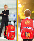 Red Disney Cars rolling suitcase for kids, 16in/25L, wheels and pull handle; Lightning McQueen 95 graphics (front view).