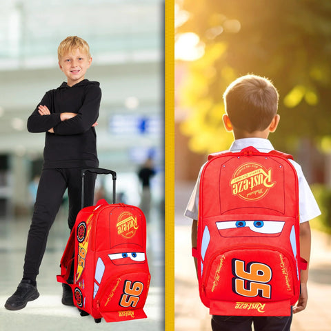 Red Disney Cars rolling suitcase for kids, 16in/25L, wheels and pull handle; Lightning McQueen 95 graphics (front view).