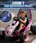 Child riding Kids 24V Electric Go Kart With Dual 200W Motors, 11 MPH Drift Ride On Toy, pink color, with metal frame and EVA wheels.