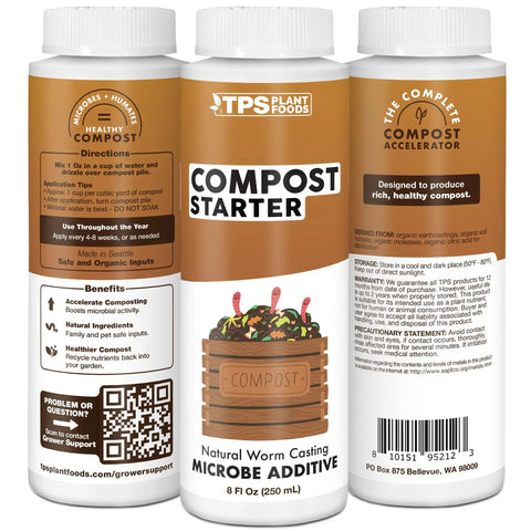 Compost Starter And Accelerator Liquid Booster For Faster Breakdown And Richer Finished Compost 8 Oz brown bottles front and back view