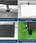Close-up of Rugged Outdoor Bike Storage Tent features: button closure, ventilation window, storage bag, ground buckle on grass.