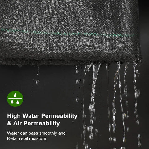 Close-up of Heavy Duty 5oz Weed Barrier Landscape Fabric Pro Grade Dual Layer Ground Cover showing water permeability