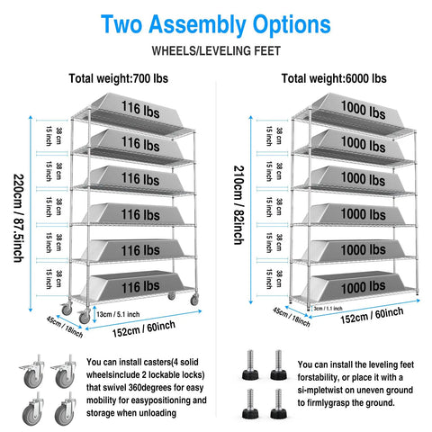 Built Like A Tank 6 Tier Wire Shelving Unit, 6000 Lbs Heavy Duty Metal Storage Rack assembly options with wheels and leveling feet.