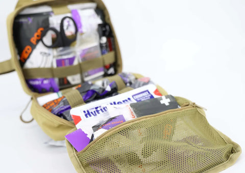 Rip Away Officer's Patrol Tactical Gunshot And Trauma IFAK Kit With Headrest Mount Desert Tan open showing contents