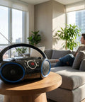 Portable CD Player Boombox With Top-Loading Disc on a wooden table in a bright living room setting with modern decor