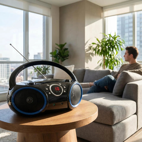 Portable CD Player Boombox With Top-Loading Disc on a wooden table in a bright living room setting with modern decor