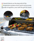 4-Pack Replacement Meat Temperature Probes For Weber Probes, iGrill And Weber Connect, attached to colored sleeves on grill