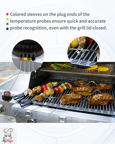 4-Pack Replacement Meat Temperature Probes For Weber Probes, iGrill And Weber Connect, attached to colored sleeves on grill