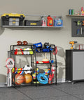Small Garage Organizer For Sports Gear And Toys Space Saving Ball And Equipment Storage Rack Indoor Outdoor Garage Storage System Easy Assembly Black Finish loaded with sports gear and toys.