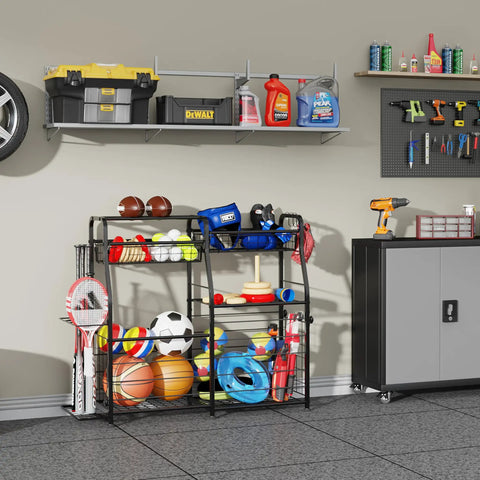 Small Garage Organizer For Sports Gear And Toys Space Saving Ball And Equipment Storage Rack Indoor Outdoor Garage Storage System Easy Assembly Black Finish loaded with sports gear and toys.
