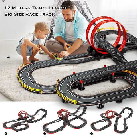 Father and son enjoy Electric Slot Car Race Track Set With Four Cars No Wires Plug And Play Speedway Dual Controllers Lights And Sounds Super Loop