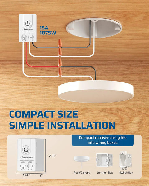 Diagram showing installation of Wireless Light Switch And Receiver Kit No Wiring Required 15A Remote Control Wall Switch