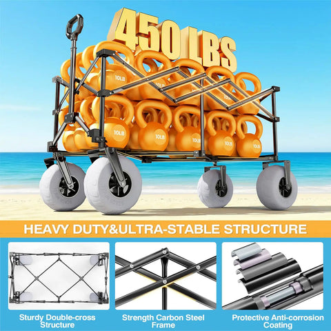 Beach Wagon With Balloon Wheels For Sand, 240L Collapsible Wagon, Wide 9 By 4 Inch Wheels, 450 Lb Heavy Duty Beach Cart